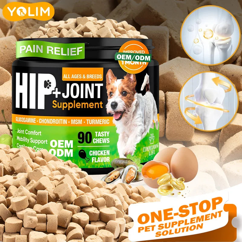 OEM Custom Pet Hip & Joint Supplements for Dogs Enhance Flexibility Turmeric Curcumin 90 Tasty Chews for All Ages & Breeds