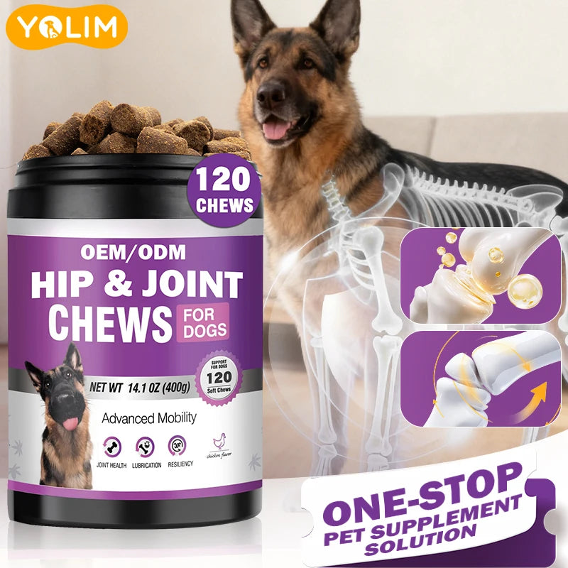 Factory Direct Sale Hip & Joint Chews for Dogs Pet Supplements Support Bone Density Hyaluronic Acid 120 Chews for All Breeds