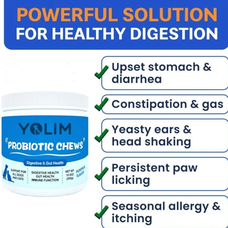 Private Label Pet Probiotic Chews for Dogs & Cats Ease Stomach Upset with Viable Probiotic Bacteria 300g Pumpkin Flavor