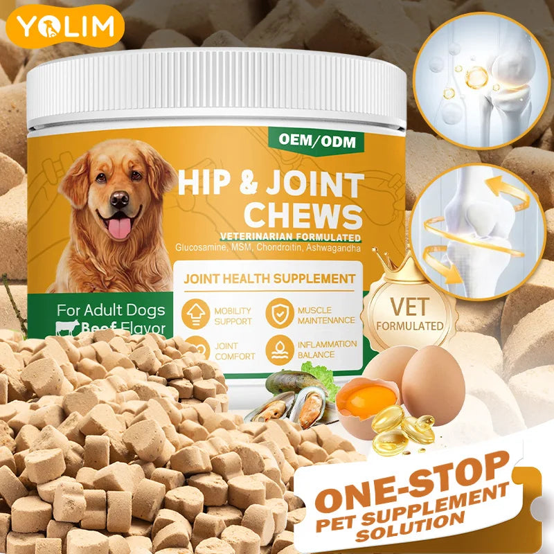 Private Custom Pet Hip & Joint Chews for Adult Dog Support Healthy Movement Green Lipped Mussel Beef Flavor 120 Chewable