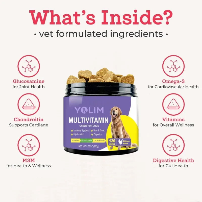 Custom Logo Multivitamin Chews for Dogs Keep Pet Energetic & Active with Glucosamine 280g 120chewable Chicken Flavor